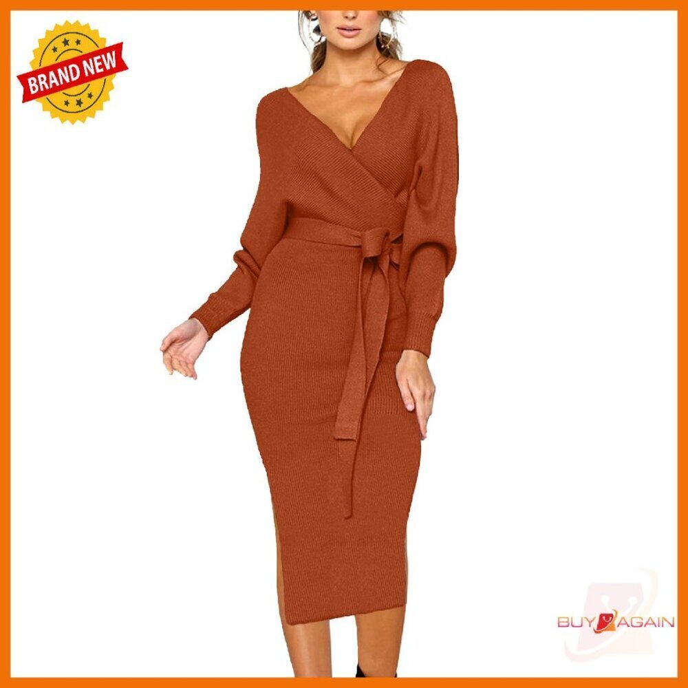 V-Neck Batwing Sleeve Bodycon Sweater Dress with Belt